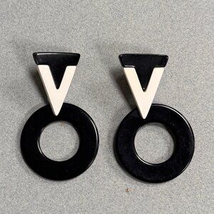 1980s Black & White Geometric Acrylic Stud Earrings - New Wave Statement Piece